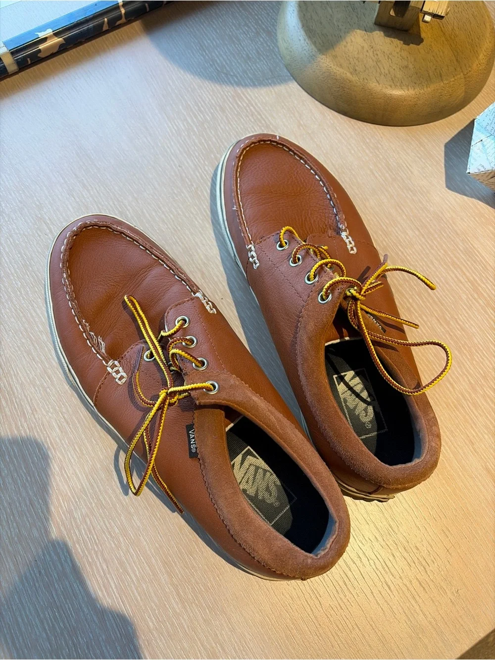 Vans Men’s Brown Leather Boat Shoes with Yellow Accents